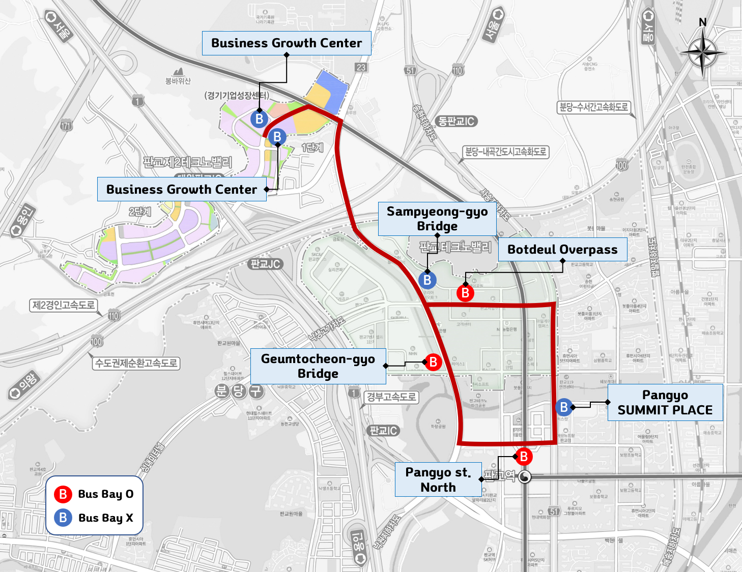 The Bus operates 7 stops (5.9km) / Every 30 minutes
		Route:  Business Growth Center – Geumtocheon-gyo Bridge – Pangyo st. North – Pangyo SUMMIT PLACE – Botdeul Overpass – Sampyeong-gyo Bridge – Business Growth Center